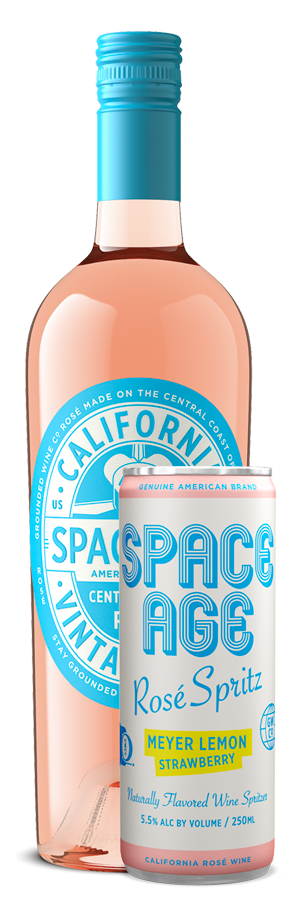 Wine bottle and Can of Space Age Rosé from Grounded Wine Co.